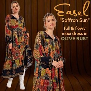 EASEL "Saffron Sun" Bohemian Patchwork Print Maxi Dress Loose Flowy Lightweight